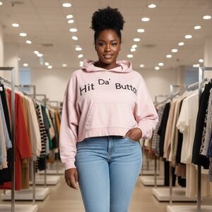 HIT DA’ BUTTON Graphic on Oversized Cropped FOREVER 21 Hooded Sweatshirt